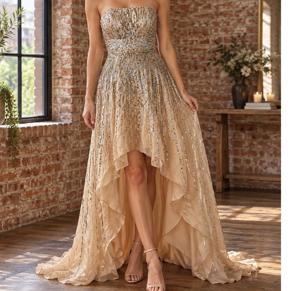 Sherri Hill Silk Sequin High-Low Formal Gown Champagne Gold 0 Prom Formal Gala